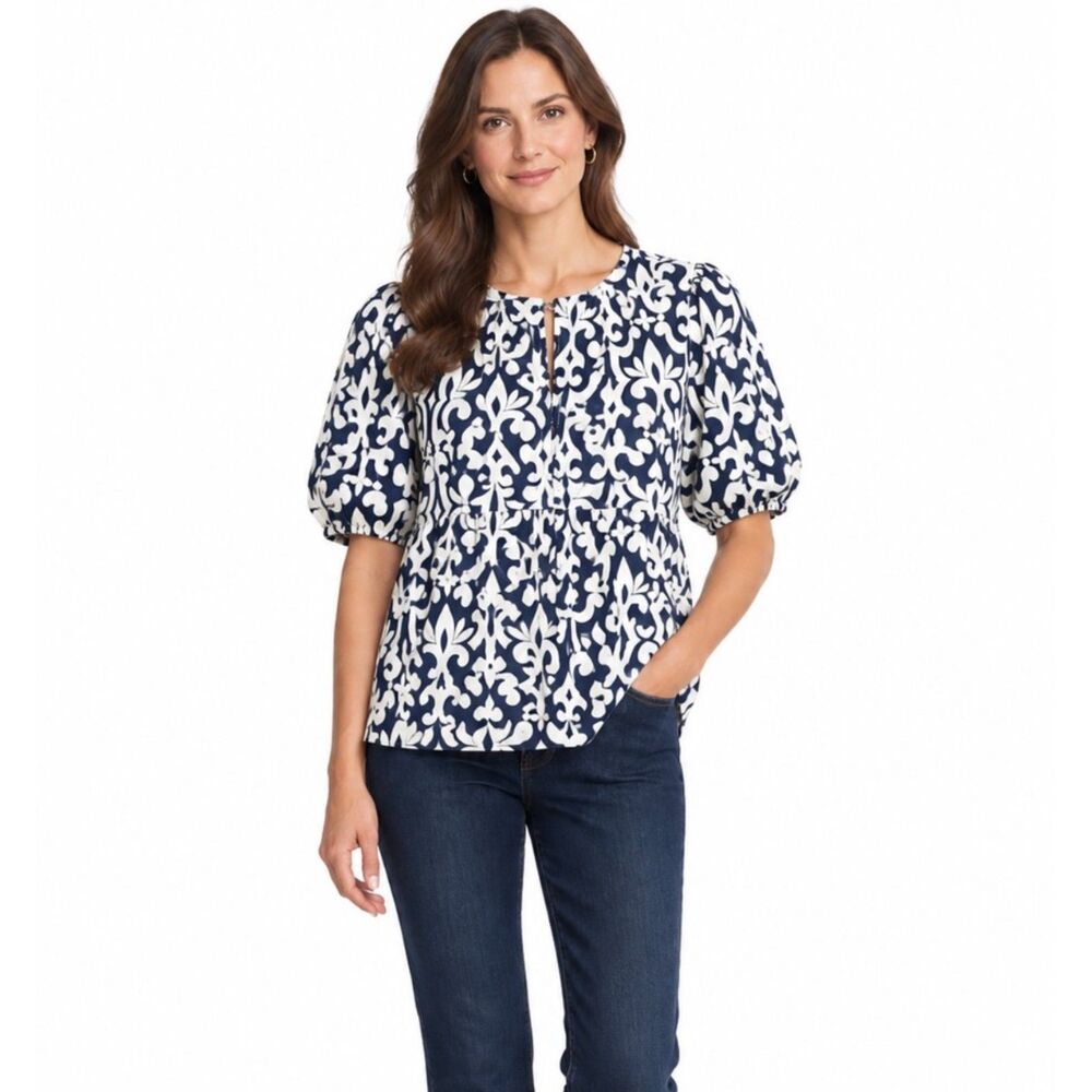 Emerson Rose Womens NWOT Navy White Scroll Print Linen Blend Modern SS Top Sz M